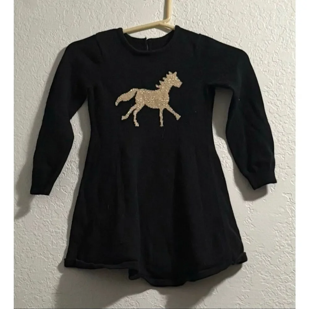 Gymboree Sz S 5 6 Black Sweater Dress w/ Gold Pony Horse